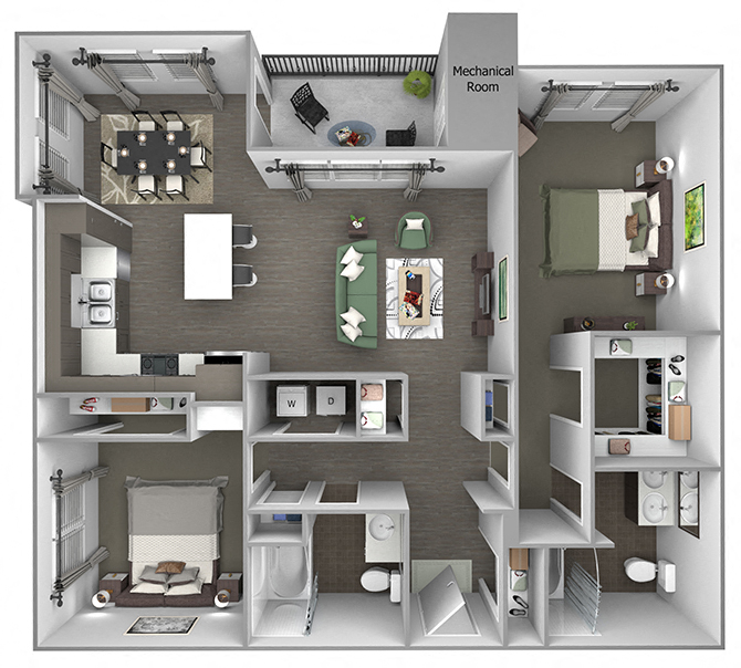 Floor plan for 2 beds, 2 baths, 1191 sqft
